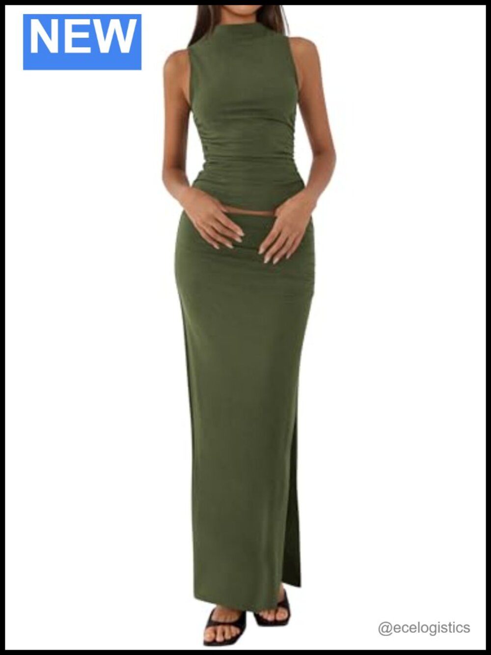 Two Piece Skirt Set Sleeveless Mock Neck Knit Bodycon Midi Split Outfit